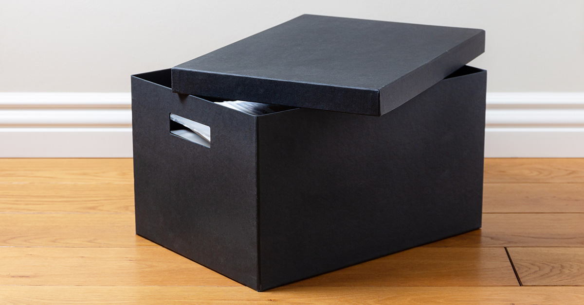 black file folder box with a removable lid