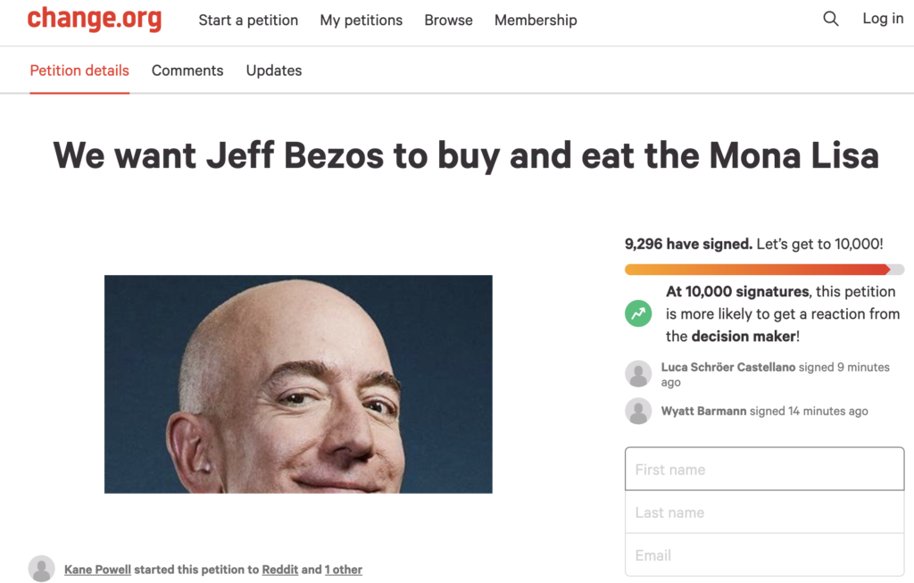petition on Chang.org for Jeff Bezos to buy and eat the Mona Lisa