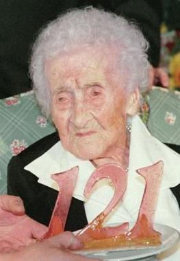 A news photograph of Jeanne Calment celebrating her 121st birthday