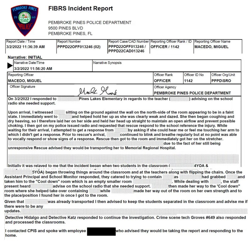 The police report explaining the condition of the Florida teacher