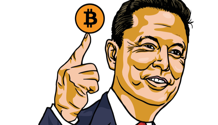 cartoon depiction of Elon Musk with a Bitcoin at the tip of his finger