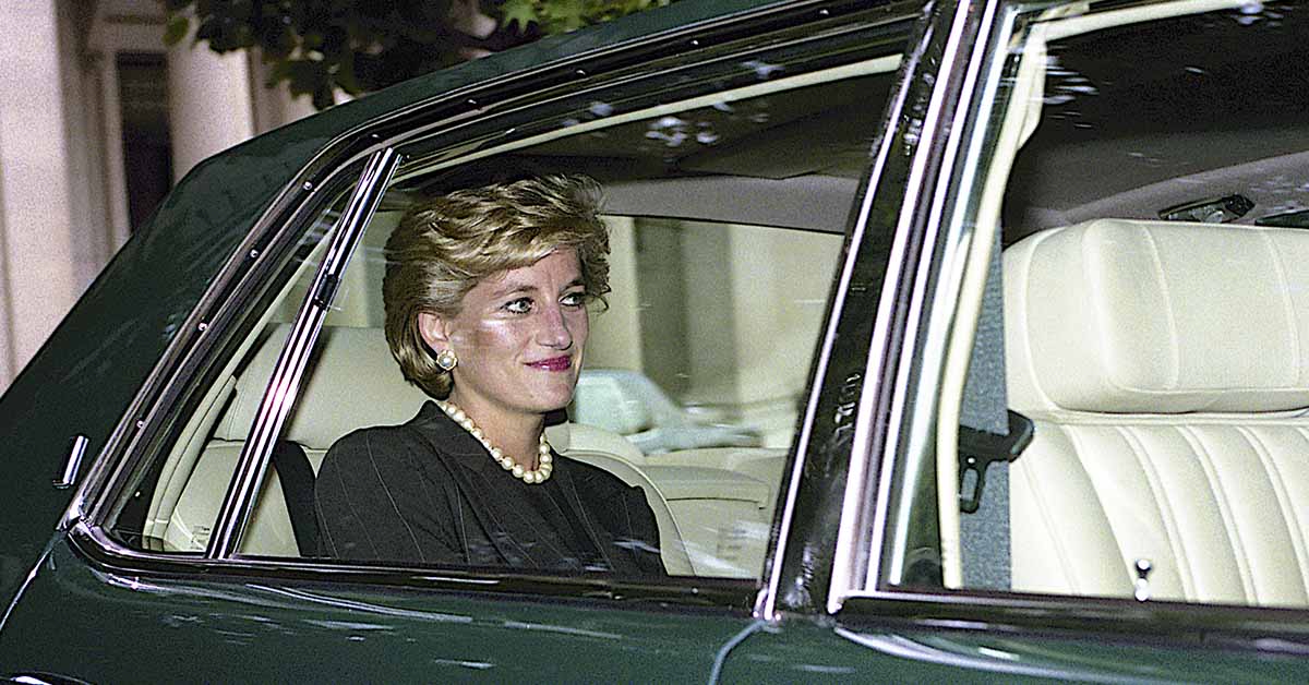 Princess Diana in the back seat of a car