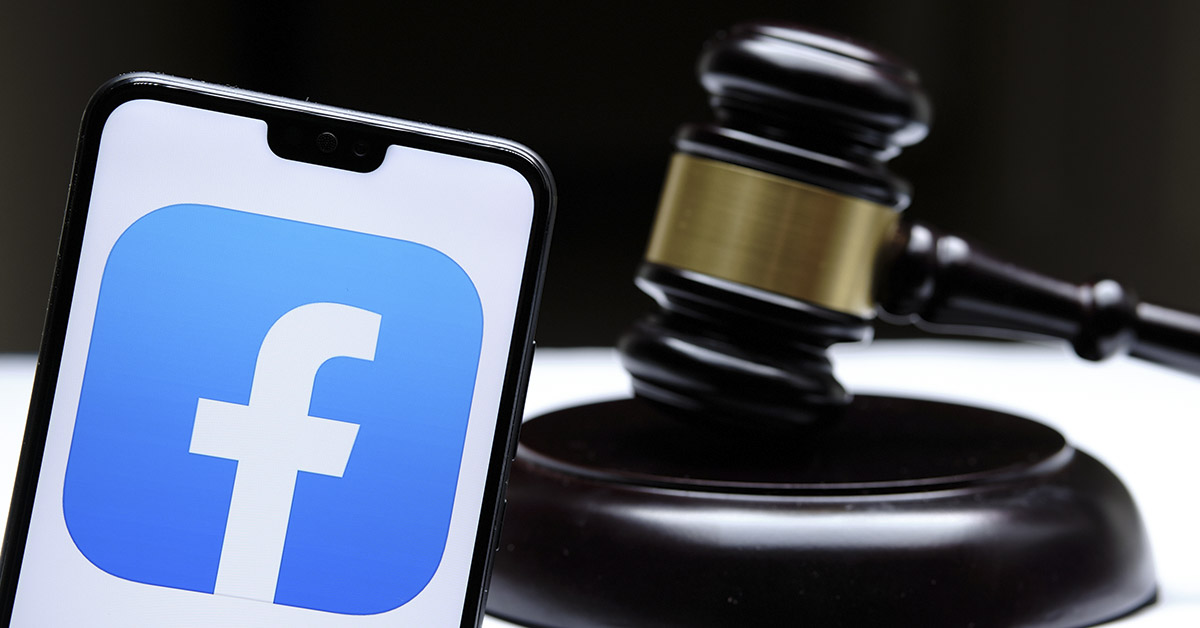 judges hammer and a smart phone displaying the Facebook logo