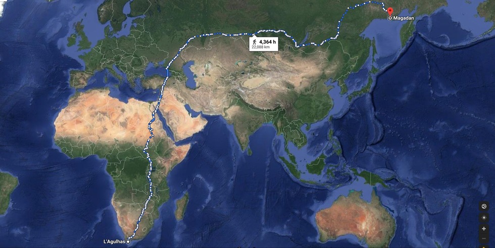 The longest walkable distance mapped.