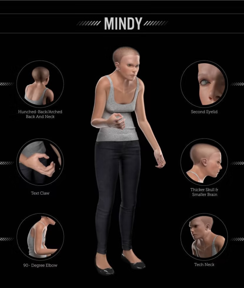 Mindy, a 3D model of the future human with a tech neck amongst other adaptations to technology 