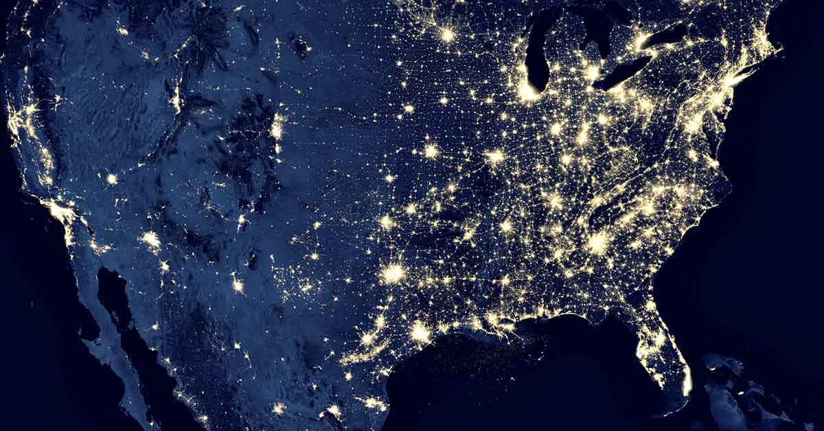 united states from satellite point of view at night with illuminated urban areas