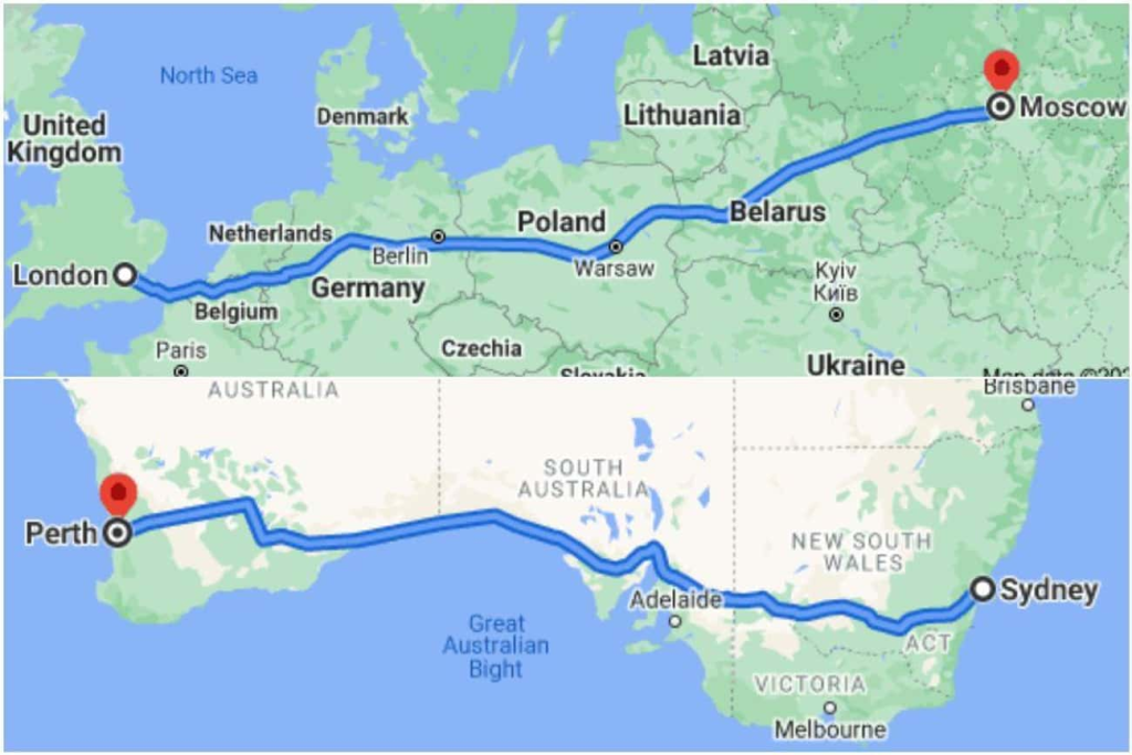 map comparing the distance between London and Moscow and Perth and Sydney 