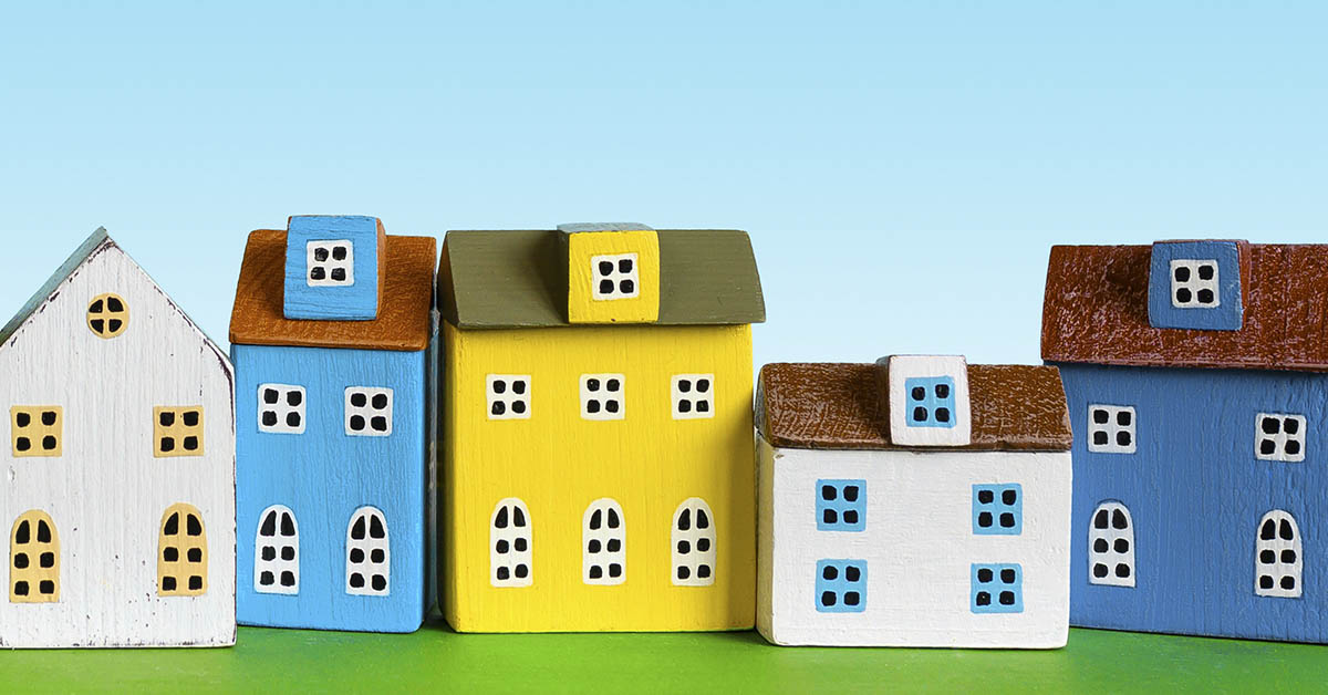 small model buildings in different colors