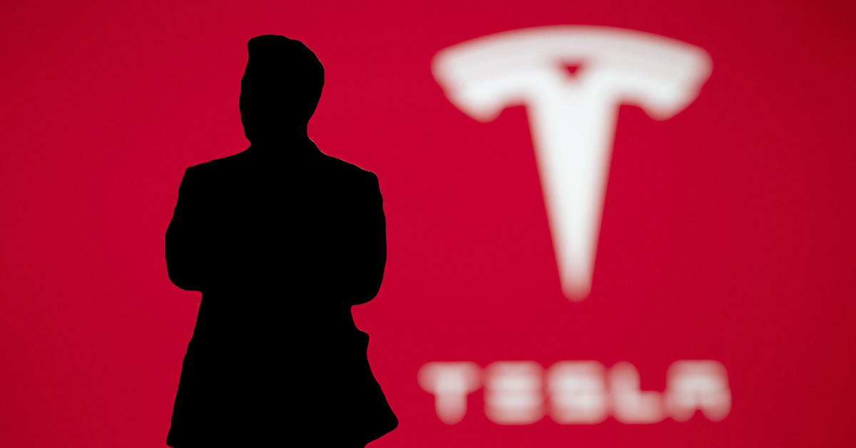 Tesla with silhouette of Elon Musk