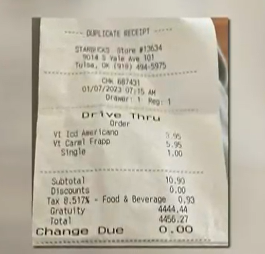 The Starbucks receipt with the outrageous amount.