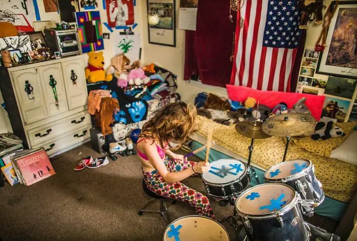 Chloe, Age 18 drumming away in her bedroom