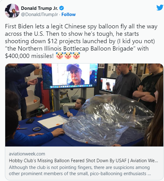 A tweet posted by Donald Trump Jr. referring to Biden's missile launch