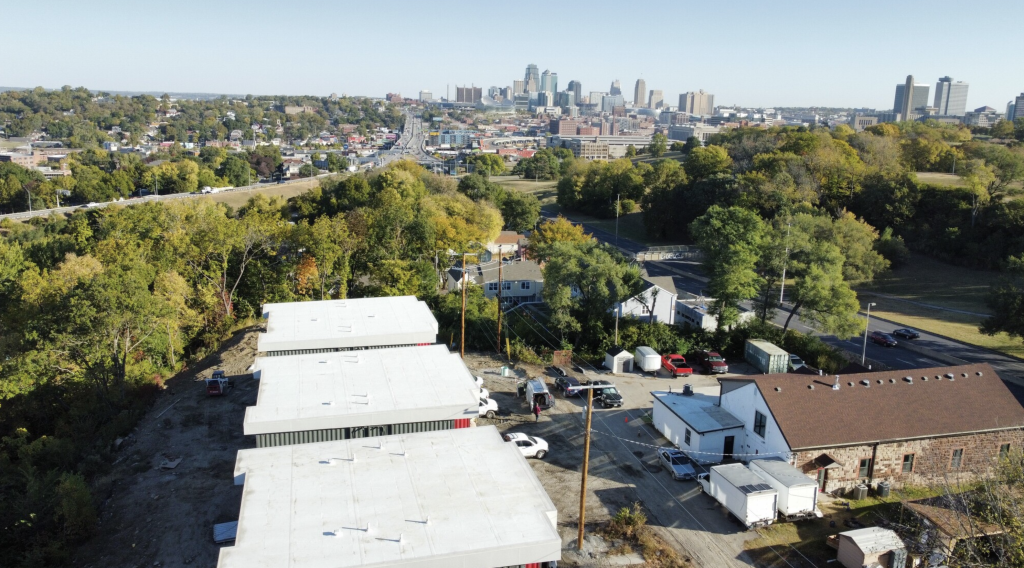 aerial view of shipping container apartments in Kansas City 