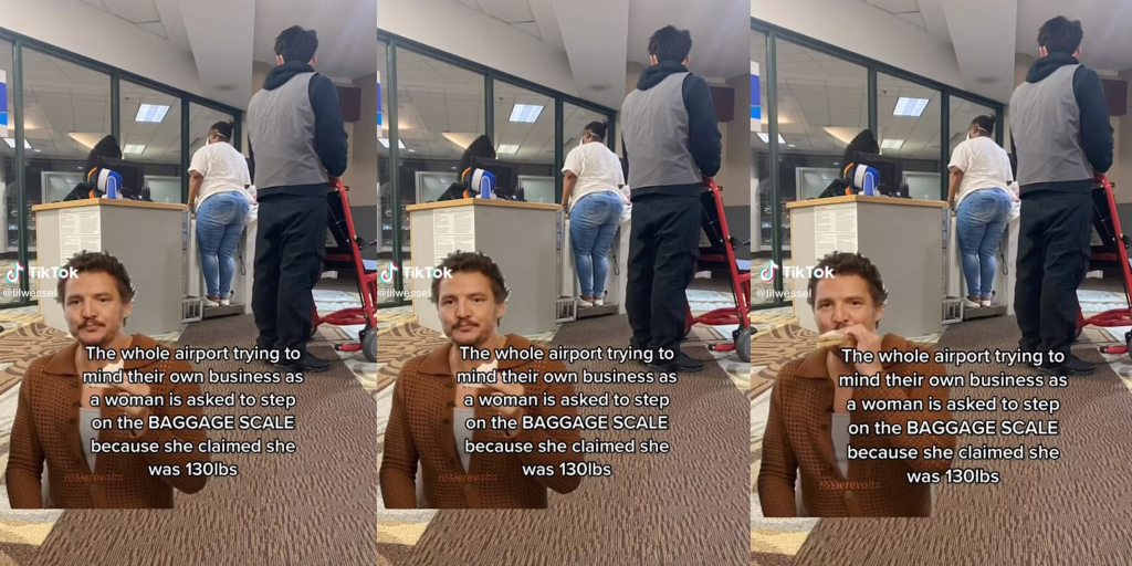 Stills from the TikTok clip showing a passenger being weighed before boarding.