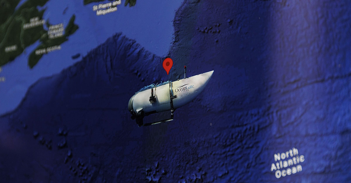 location of where the Titanic sank and OceanGate Submersible