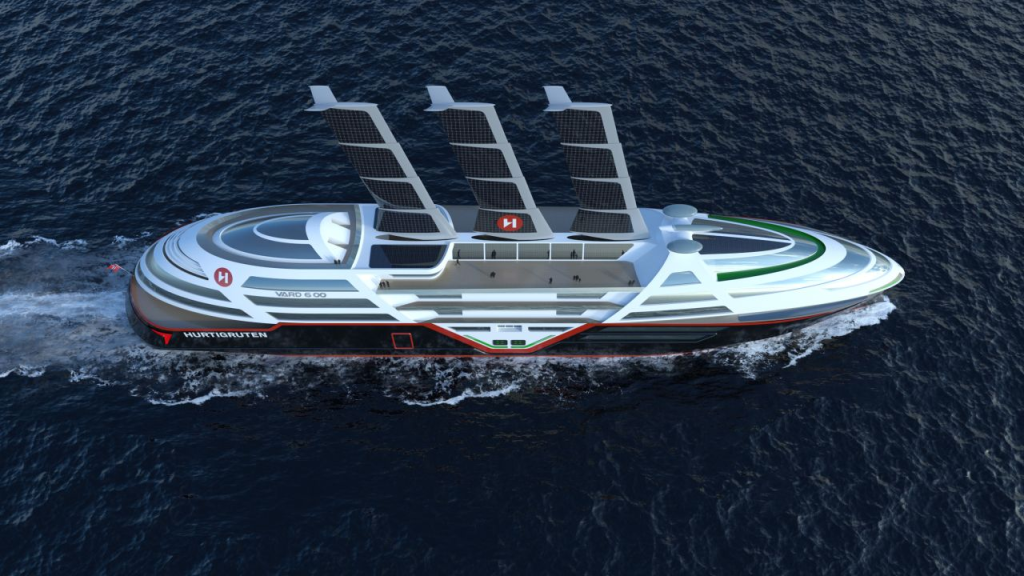 A rendition of the electric cruise ship showing the solar sails at full reach.