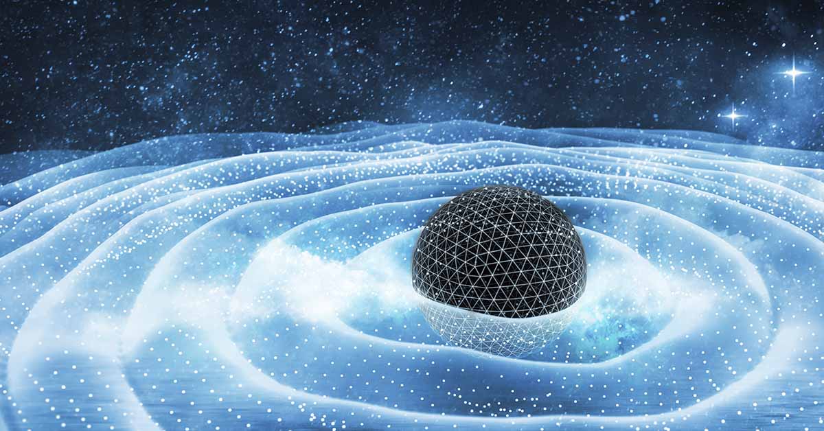 Quantum physics concept. Blue waves emanating from black hole