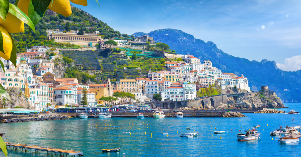 Panoramic view of beautiful Amalfi on hills leading down to coast, Campania, Italy. Amalfi coast is most popular travel and holiday destination in Europe