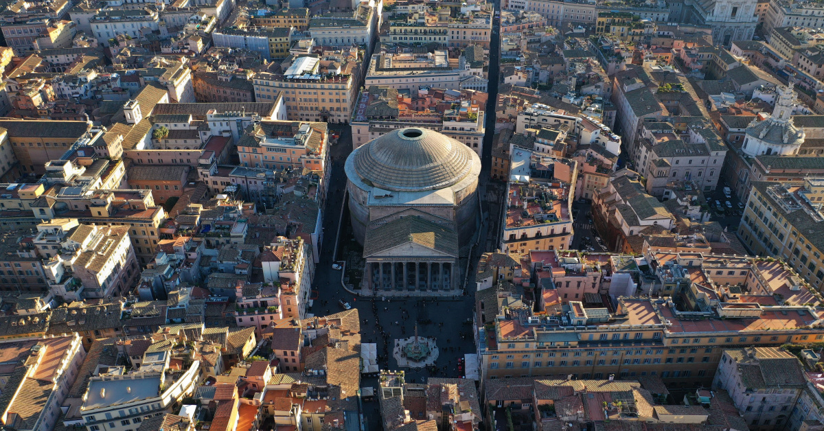 Aerial drone photo of iconic temple of Pantheon built in 118 to 125 A.D