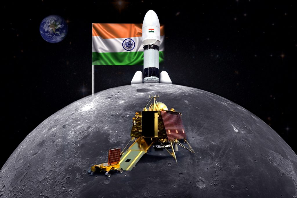 CHENNAI, INDIA, 19TH AUGUST 2023: Chandrayaan 3 and their lander successfully landed on moon with India flag. elements of this image furnished-by NASA and ISRO