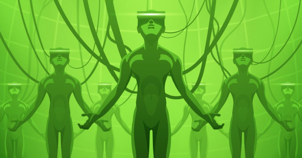 Futuristic male figures in the VR headsets.