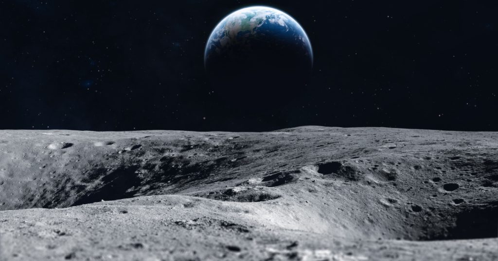 Moon surface and Earth on the horizon. Space art fantasy. Black and white. Elements of this image furnished by NASA
