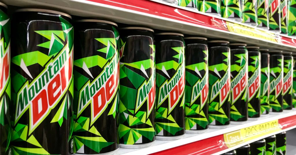 Mountain Dew drinks branded display for sell in the supermarket shelves