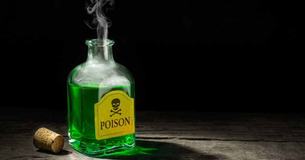 The poison is a green liquid in a glass vial. A deadly potion with a skull and bones on the label. Copy space for text. 3D rendering
