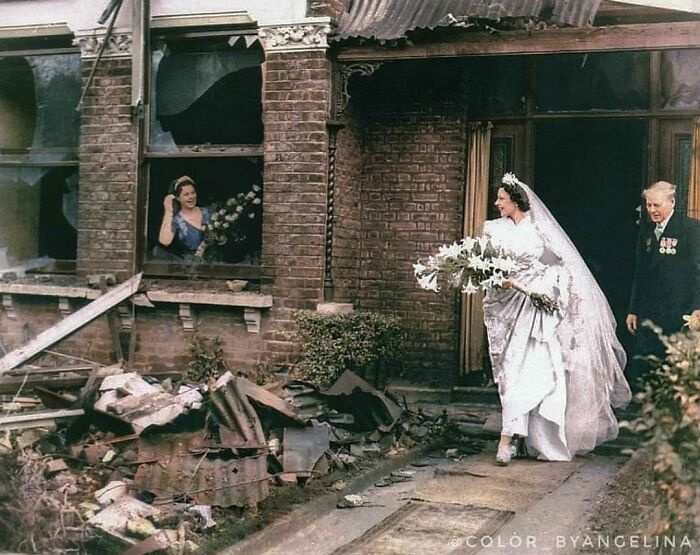 A bride getting married despite 1940's blitz bombing.