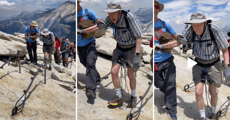 Everett Kalin being helped up the Yosemite's Half Dome by his son.