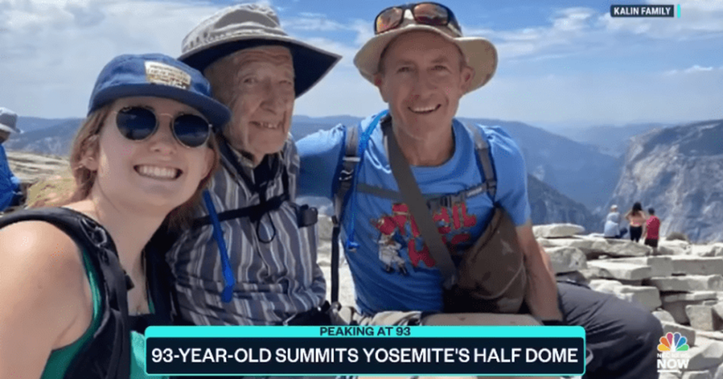 Everett (93), his son Jon (57), and granddaughter Sidney (19) on top of the Yosemite's Half Dome.