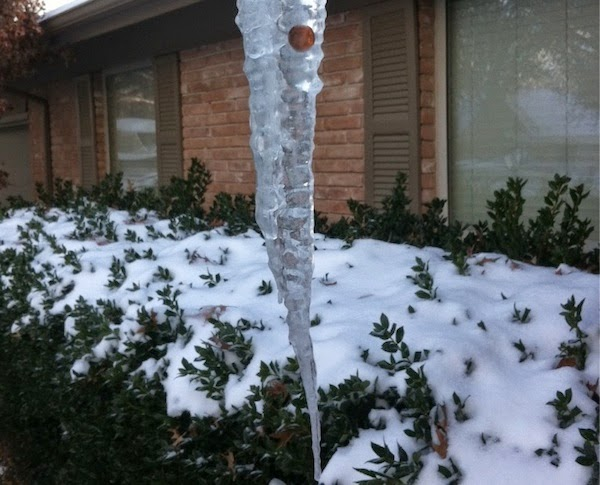 Frozen penny inside an icicle