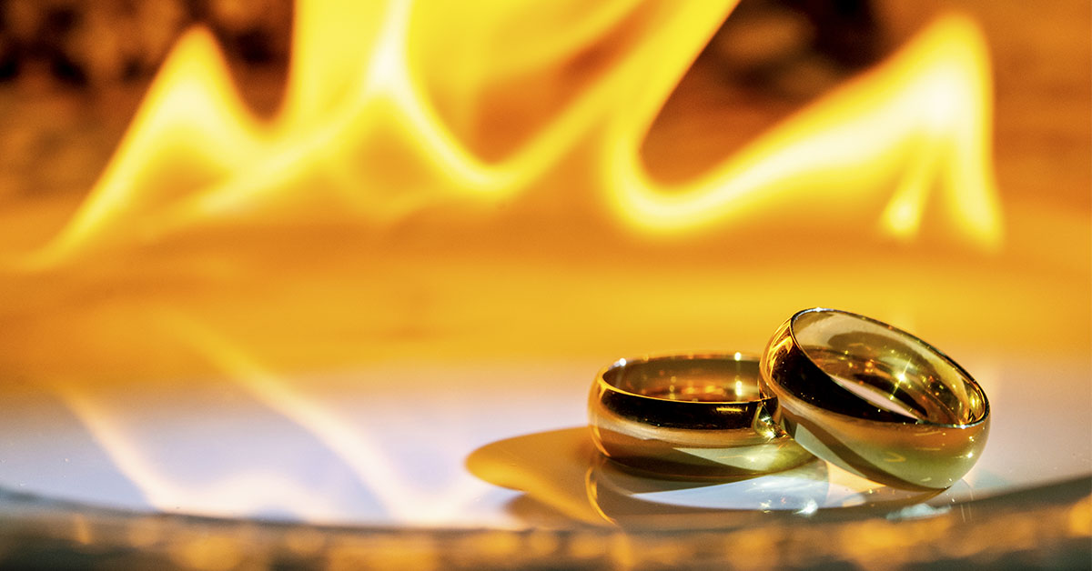 pair of rings on a platform on fire