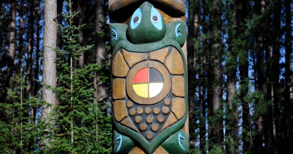Ontario, Canada, November 4, 2018: The Let it stand Totem Pole- the Turtle carving section at the East Gate, Algonquin Park.

