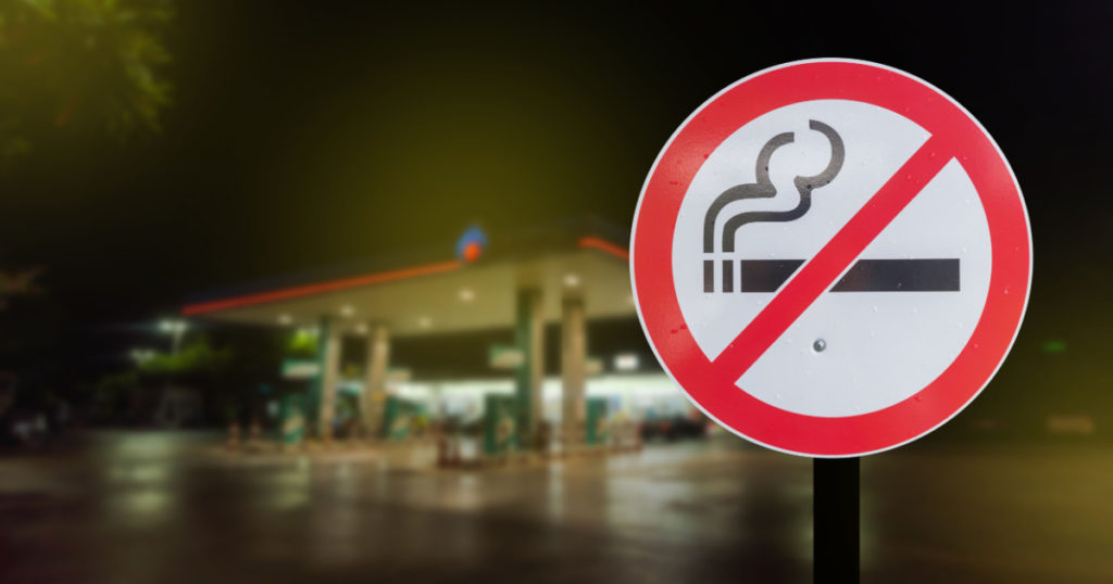 No smoking, prohibited signs in gas stations Public space, road, sidewalk, segment, clip
