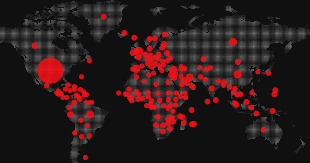 background and banner of coronavirus covid-19 global pandemic situation map show spreading of virus infection outbreak globally with red dot on black background
