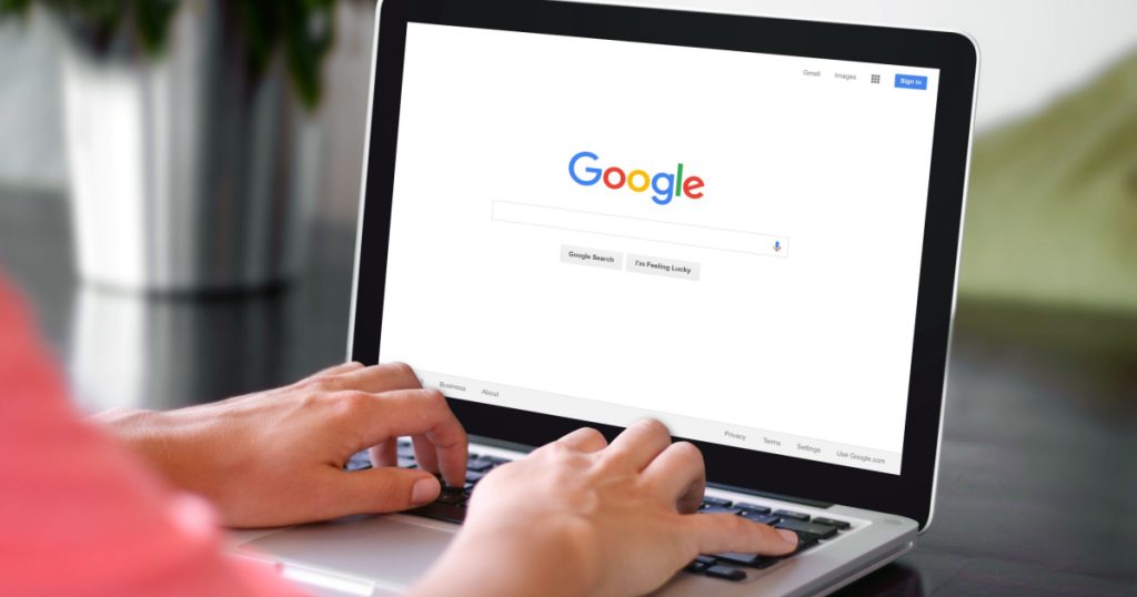 BEKASI, INDONESIA - NOVEMBER 29, 2015: A woman is typing on Google search engine from a laptop. Google is the biggest Internet search engine in the world.
