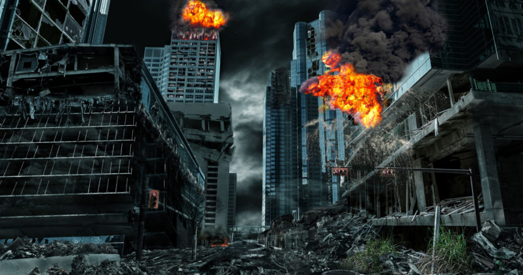 Detailed destruction of fictitious city with fires, explosions, debris and collapsing structures. Concept of war, natural disasters, judgment day, fire, nuclear accident or terrorism.

