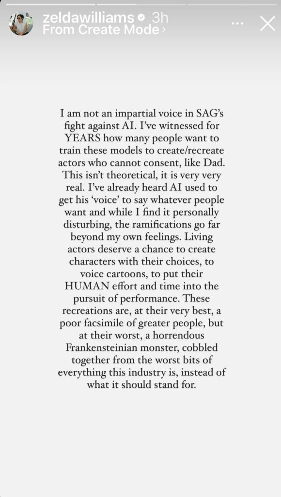 Zelda Williams post on social media regarding AI in Hollywood