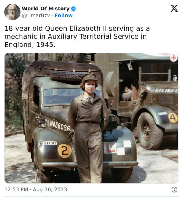 A historical image of Queen Elizabeth II in front of a vehicle in 1945 