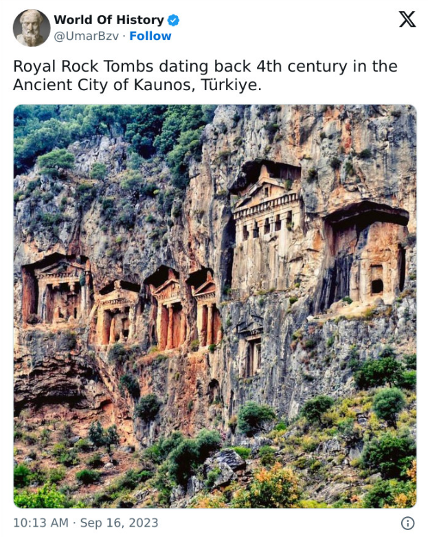 Rock tombs carved in the mountainside of Kaunos, Türkiye