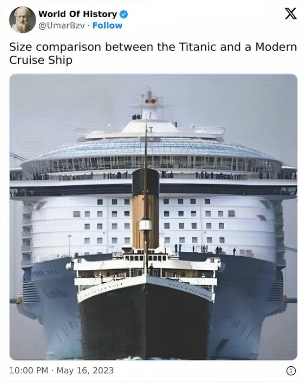 The Titanic in comparison to a modern cruise ship