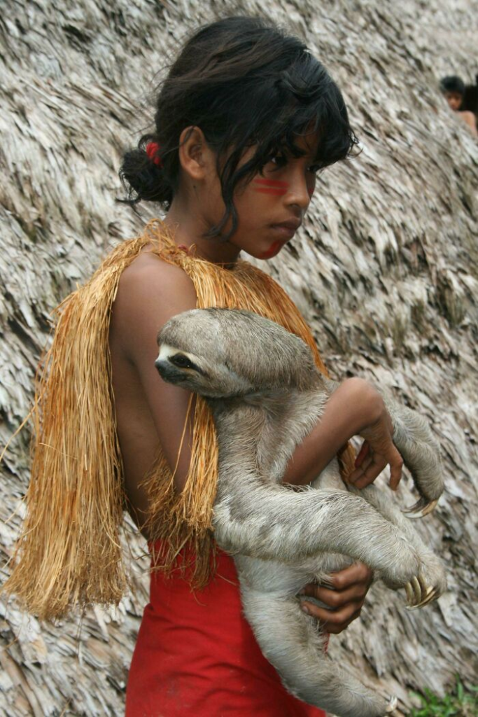 An Amazonian girl with her pet sloth