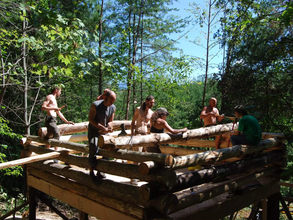 Some of Bogwalker's friends helping her with the log cabin build. 