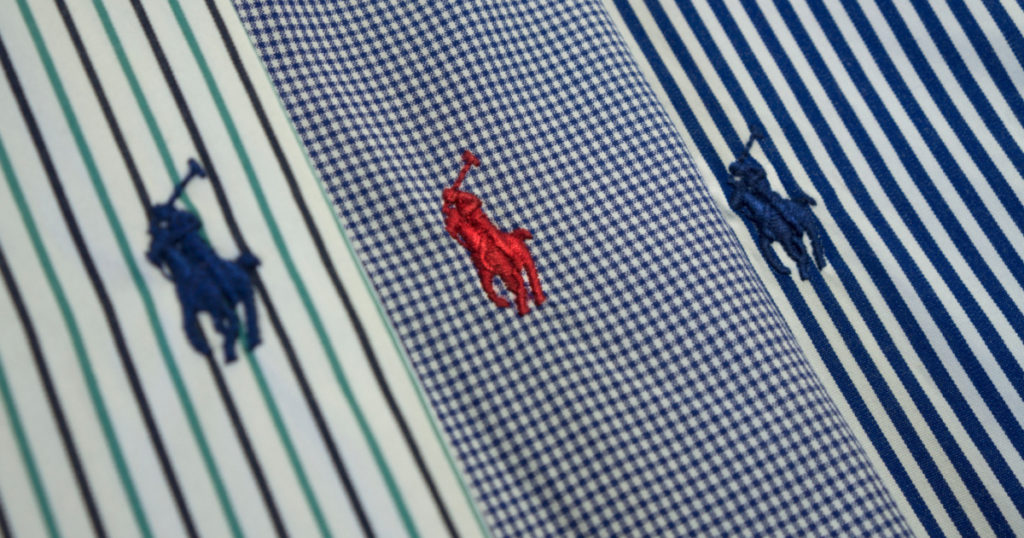 3 colorful close up stitched ralph lauren logo on shirts
