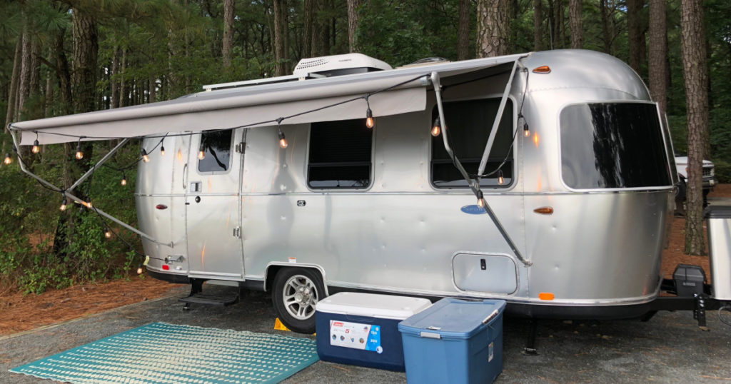 WASHINGTON DC, USA - SEPTEMBER 24, 2018: An Airstream Sport travel trailer parked at a campground.
