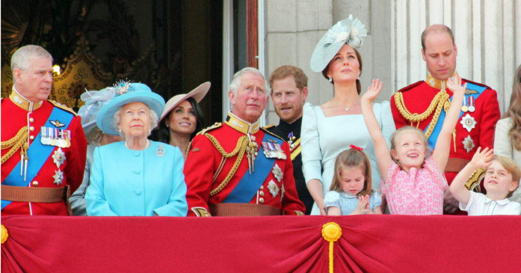 Meghan Markle Harry Queen Elizabeth, London uk - 962019: Meghan Markle king Charles, Prince Harry Andrew George William Kate Middleton Princess Charlotte Trooping the colour Buckingham Palace
