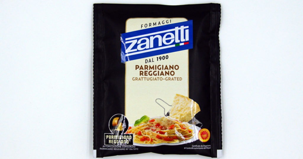 Amsterdam, The Netherlands - November 23, 2018: Package of Zanetti Parmigiano Reggiano Formaggi parmesan cheese.
