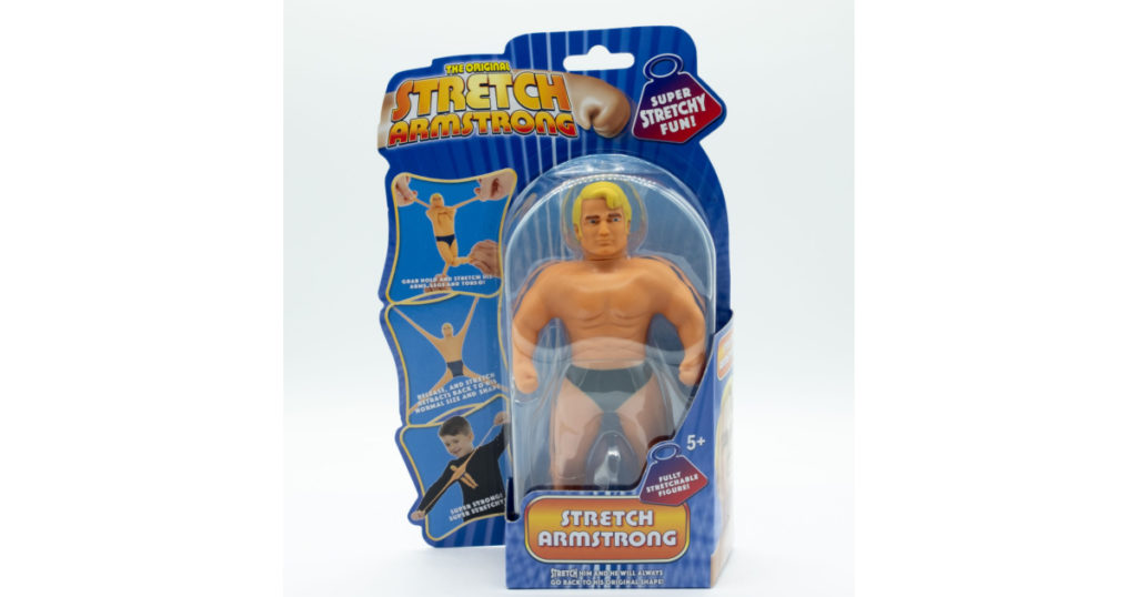 Largs, Scotland, UK - November 29, 2018: Original Branded Stretch Armstrong child's Toy in partially recyclable packaging in line with current UK guidelines
