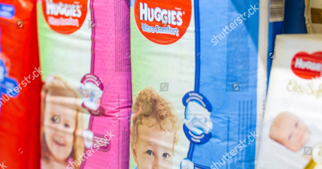 Russia Samara November 2019: Huggies diapers for children in a large chain of stores Auchan. Text in Russian: for boys
